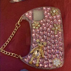 Gold and Pink Rhinestone Smartphone Case with Chain for iPhone 11 Pro Max